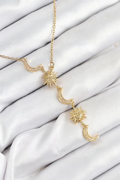 316L Çelik Zirkon Taşlı Güneş Ve Ay Model Gold Renk Kadın Kolye - TJ-BKO10548 ürün görseli 1