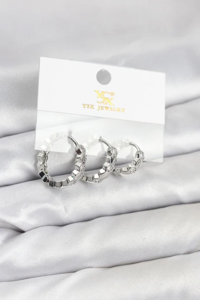 Pirinç Gümüş Renk Zirkon Taşlı Petek Halka Model YSX Trio Küpe Seti - TJ-BKP11567 ürün görseli 1