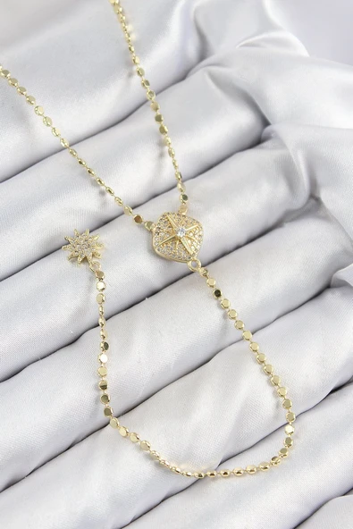 Pirinç Zirkon Taşlı Ezme Zincirli Madalyon Model Gold Renk Y Kolye - TJ-BKO10471 ürün görseli 1