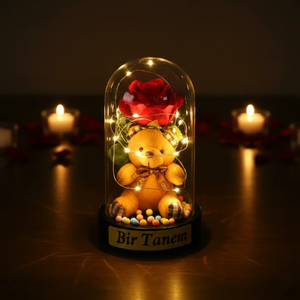 Ayıcıklı Ledli Gül Fanus - Resim 3