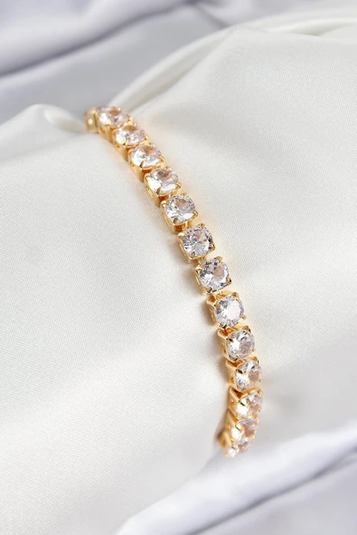 Pirinç Zirkon Taşlı Kare Model Gold Renk Asansörlü Kadın Bileklik - TJ-BB7792 ürün görseli 1