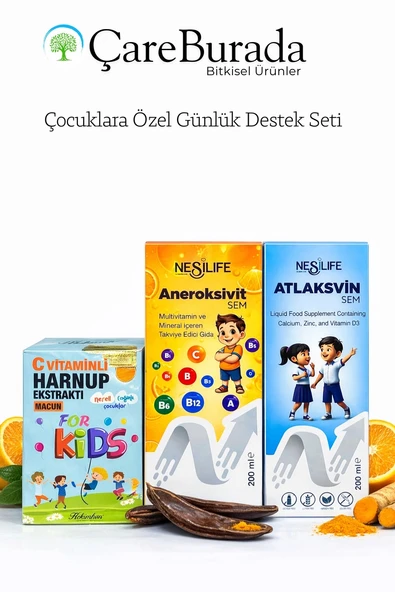 ÇareBurada Çocuklara Özel Günlük Destek Seti | Multivitamin, Kalsiyum D3 ve C Vitaminli Harnup Keçiboynuzu Özü ürün görseli 1