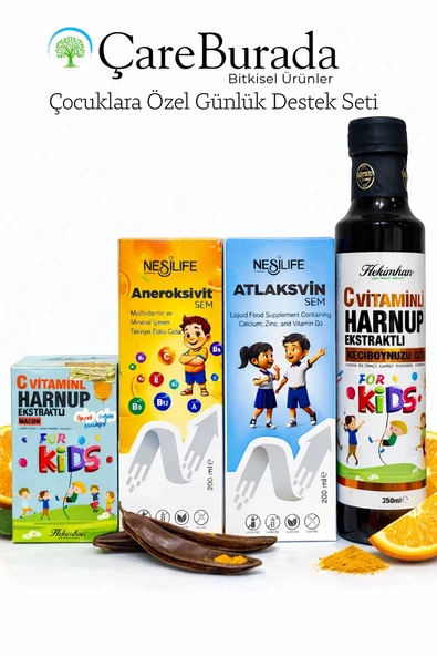 ÇareBurada Çocuklara Özel Günlük Destek Seti | Multivitamin + Kalsiyum D3 + C Vitaminli Harnup Pekmezi ürün görseli 1