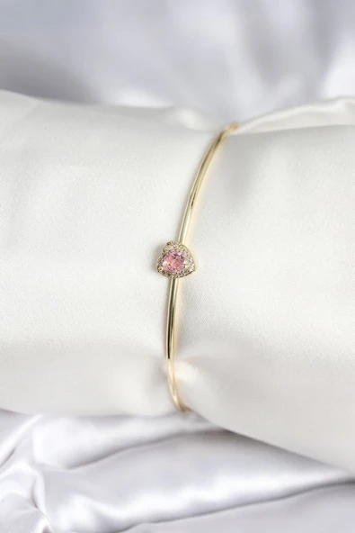 Pembe Zirkon Taşlı Kalp Model Gold Renk Kadın Bileklik - TJ-BB8001 ürün görseli 1