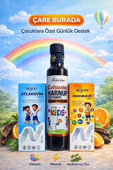 ÇareBurada Çocuklara Özel Günlük Destek Seti | Multivitamin + Kalsiyum D3 + C Vitaminli Harnup Pekmezi ürün görseli 1