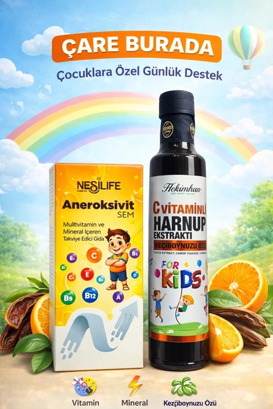 ÇareBurada Çocuklara Özel Günlük Destek Seti | Multivitamin + C Vitaminli Harnup Pekmezi ürün görseli 1