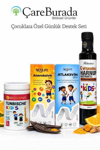 CareBurada Çocuklara Özel Günlük Destek Seti | Multivitamin, Kalsiyum D3, Keçiboynuzu ve Harnup Özü ürün görseli 1