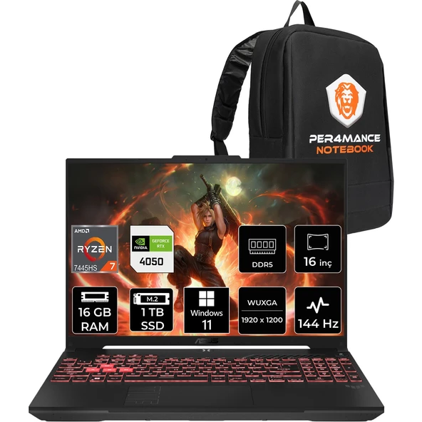 Tuf A16 Amd Ryzen 7 7445HS 16GB 1tb SSD RTX4050/6GB 140W 16" Fhd+ 144Hz W11H Taşınabilir Bilgisayar & Per4 Çanta FA607NUGRL208P348 ürün görseli 1