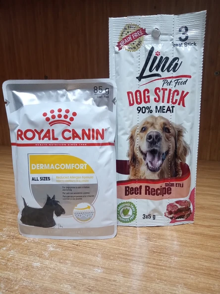royal canin  Dermacomfort Loaf  Köpek Yaş Mama 85 gr x 3 Adet+2 Paket Tahılsız Sığırlı Mini Irk Köpek Ödül Stick ürün görseli 1