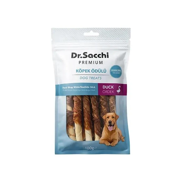 Dr.Sacchi Premium Ördek Sargılı Beyaz Sığır Derisi Burgu Çubuk Tahılsız Köpek Ödülü 5'' 10'lu 100 Gr ürün görseli 1