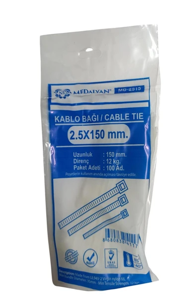 Medalyan Şeffaf Kablo Bağı Kelepçesi Klipsi - 2.5 x 150 mm - 100 Adetlik Paket ürün görseli 1
