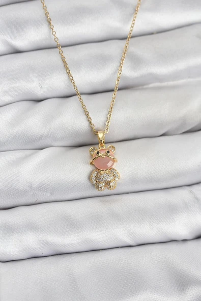 316L Çelik Zincir Gold Renk Teddy Bear Model Zirkon Taşlı Kadın Kolye - TJ-BKO10852 ürün görseli 1