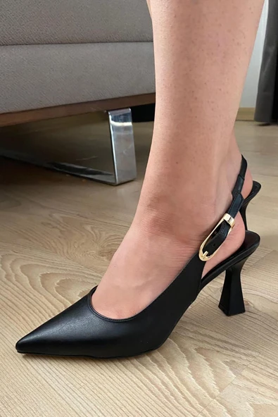 Kadın Motto Siyah Cilt Sivri Burun Arkası Acık 8 cm Topuklu Ayakkabı ürün görseli 1