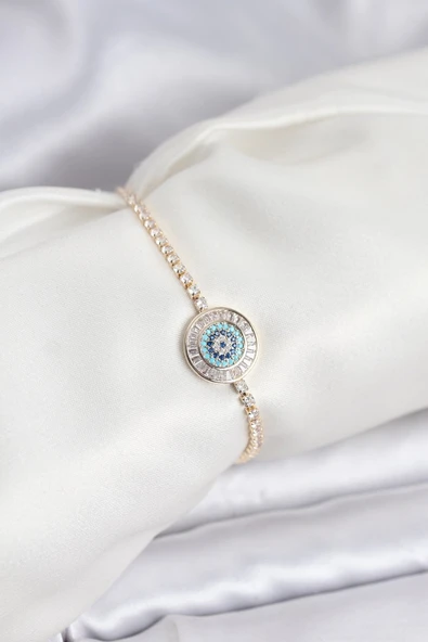 Gold Renk Nazar Model Zirkon Taşlı Asansörlü Su Yolu Bileklik - TJ-BB8238 ürün görseli 1