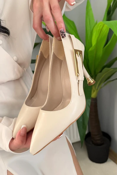 Kadın Fascino Bej Deri Stiletto Topuklu Ayakkabı ürün görseli 1