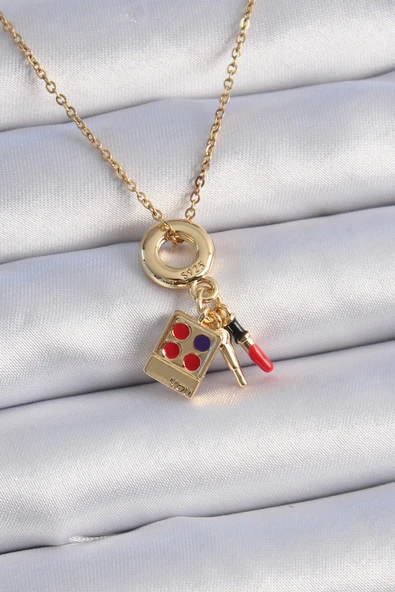 316L Çelik Gold Renk Makyaj Paleti Figür Charm Model Kadın Kolye - TJ-BKO9322 ürün görseli 1