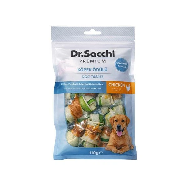 Dr.Sacchi Premium Tavuk Sargılı Çift Renkli Sığır Derisi Düğüm Kemik Tahılsız Köpek Ödülü 2“ 8'li 110 Gr ürün görseli 1