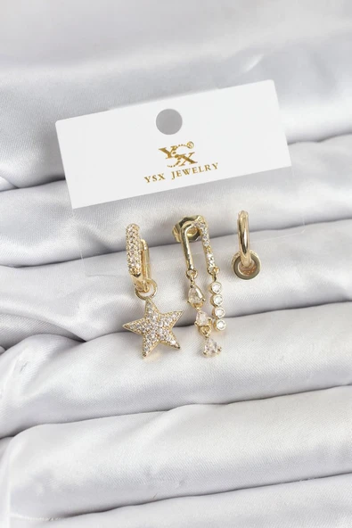Pirinç Gold Renk Zirkon Taşlı Yıldız Vintage Model YSX Trio Küpe Seti - TJ-BKP11562 ürün görseli 1
