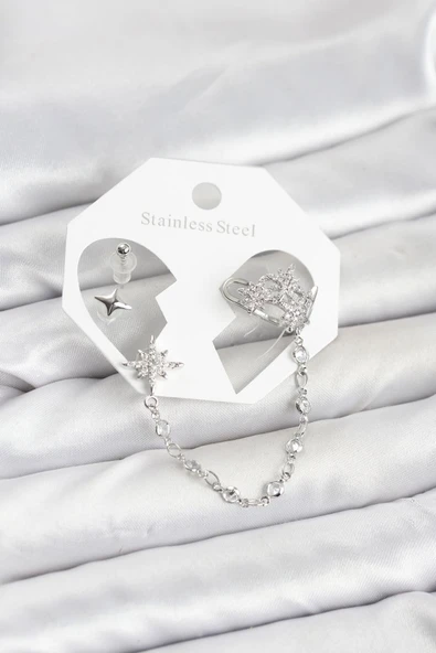 Kutup Yıldızı Model Pirinç Gümüş Renk Zincir Bağlantılı Ear Cuff Küpe Seti - TJ-BKP11551 ürün görseli 1