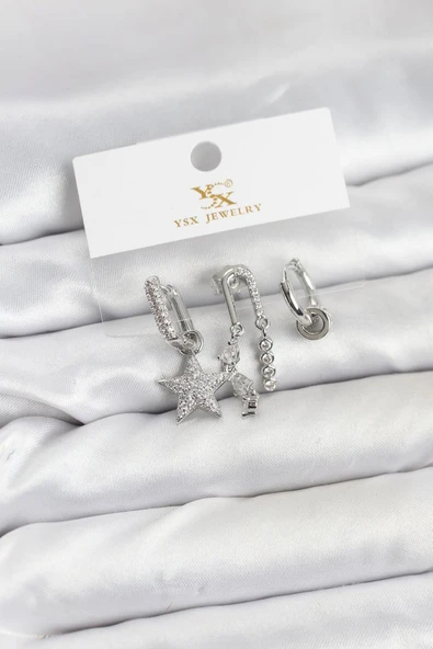 Pirinç Gümüş Renk Zirkon Taşlı Yıldız Vintage Model YSX Trio Küpe Seti - TJ-BKP11563 ürün görseli 1