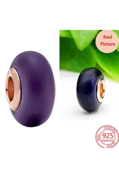 925 Ayar Mat Mor Murano Cam Charm - Resim 3