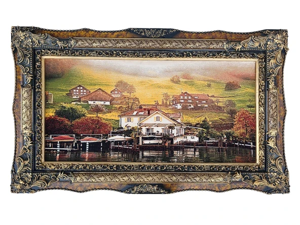 Kıyı Evleri ve Tekne Limanı Adlı İran Tebriz Halı Tablo 123x73cm - Duvar Halı Kilim Tablo ürün görseli 1