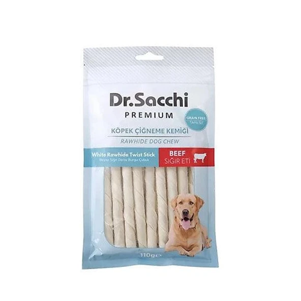 Dr.Sacchi Premium Sığır Etli Beyaz Sığır Derisi Burgu Çubuk Tahılsız Köpek Ödülü 5'' 15'li 110 Gr ürün görseli 1