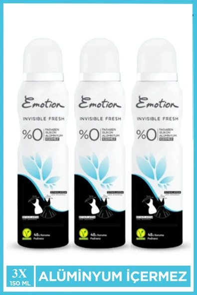 3 Adet Emotion Invisible Fresh Black & White Kadın Deodorant 150ml Vegan, Leke Bırakmaz ürün görseli 1