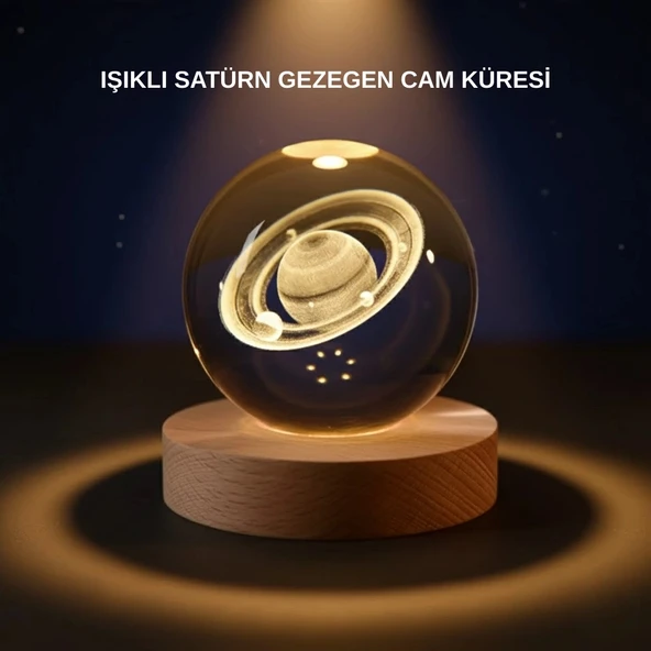Mey İthalat® Satürn Desenli Kristal Küre LED Gece Lambası Ahşap Standlı ürün görseli 1