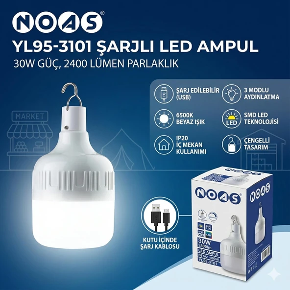 Noas 30W Şarjlı Smd Led Ampül 2400lm IP20 3 Mod Beyaz Işık Çengelli ürün görseli 1