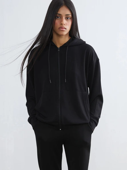 KOOR SPORT Siyah Kapüşonlu Soft Touch Kadın Fermuarlı Sweatshirt ürün görseli 1