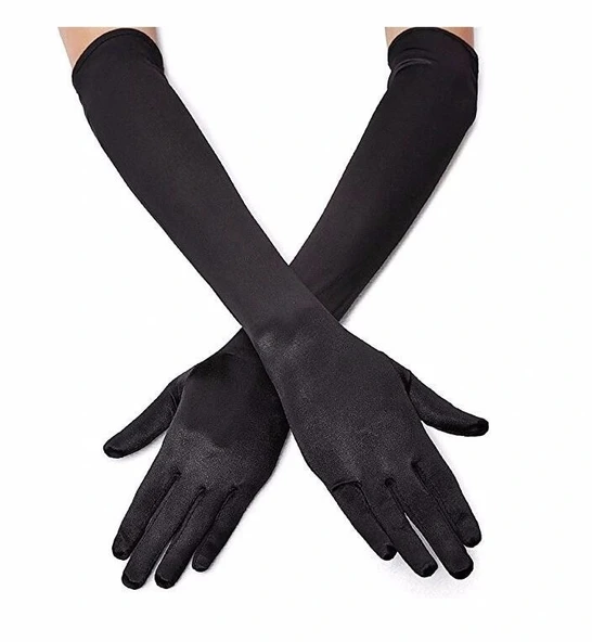 Mey İthalat® Siyah Renk Likralı Dirseğe Kadar Uzun Kumaş Eldiven 40 cm ürün görseli 1