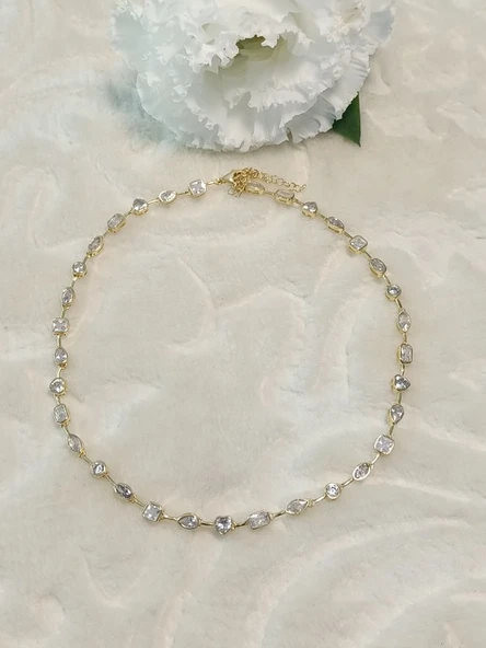 Altın Kaplama Taşlı İthal Choker Tasma Gümüş Kolye ürün görseli 1