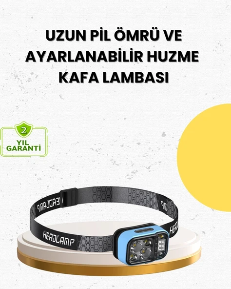 Mey İthalat® Üç Renkli LED Kafa Feneri 53 Mod Güç Göstergeli Type C Şarjlı ürün görseli 1