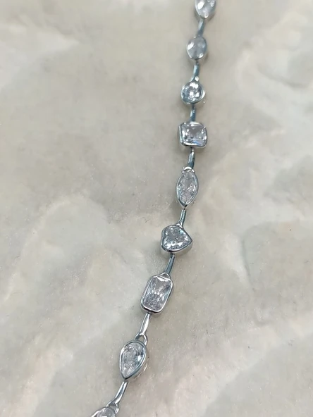 Taşlı İthal Choker Tasma Gümüş Kolye - Resim 2