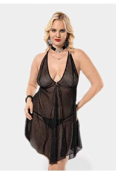 wMc Collection Büyük Beden Siyah Derin Göğüs Ve Sırt Dekolteli File Fantzi Gecelik ürün görseli 1