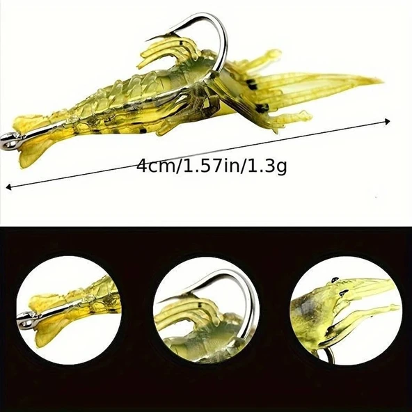 Genel 5 x 4 cm Fosforlu İğneli  Silikon Karides Sarı Suni Balık Olta Yemi ürün görseli 1