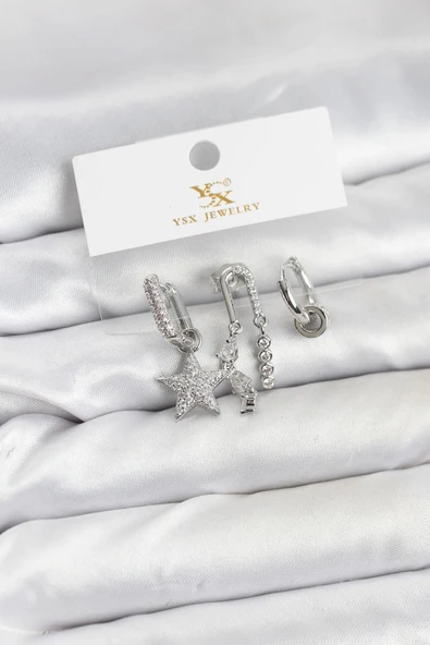 Mey İthalat® Pirinç Gümüş Renk Zirkon Taşlı Yıldız Vintage Model YSX Trio Küpe Seti ürün görseli 1