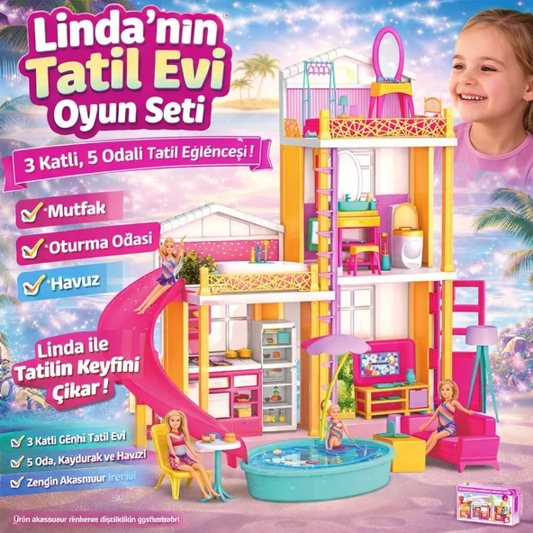 Linda’nın Tatil Evi Oyun Seti – 3 Katlı, 5 Odalı, Havuzlu ve Aksesuarlı Oyun Evi ürün görseli 1
