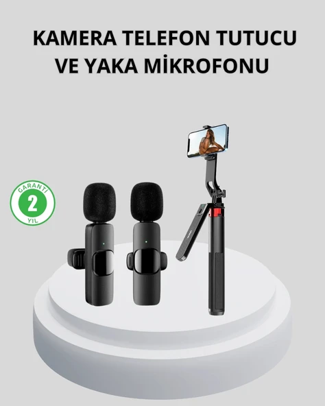 Mey İthalat® Kablosuz Çift Yaka Mikrofonu ve Tripodlu Selfie Çubuğu İçerik Üretici Seti ürün görseli 1