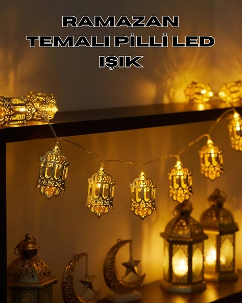 Mey İthalat® Pilli Ramazan Işıkları Altın Renk Fener Figürlü LED Süsleme ürün görseli 1