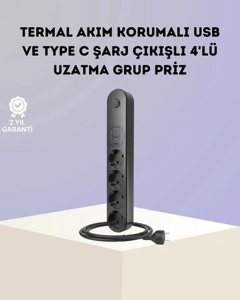 Mey İthalat® Akım Korumalı Çoklu Priz 4’lü 2 USB 1 Type-C 2500W Güçlü Tasarım ürün görseli 1