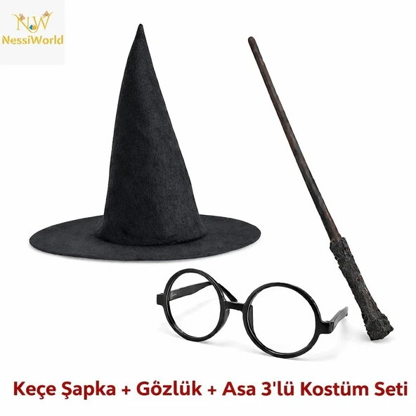Mey İthalat® Çocuk Seti (Siyah Keçe Şapka, Asa, Gözlük) ürün görseli 1
