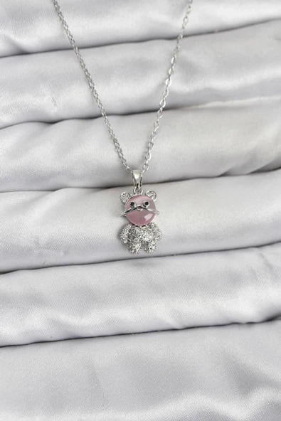 Mey İthalat® 316L Çelik Zincir Gümüş Renk Teddy Bear Model Zirkon Taşlı Kadın Kolye ürün görseli 1