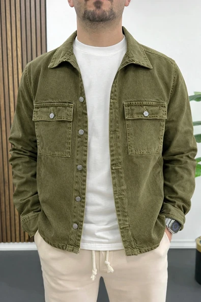 Erkek Oversize Denim Kot Gömlek Ceket Haki Edw397 ürün görseli 1