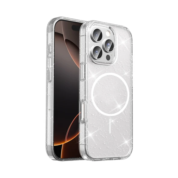 iPhone 16 Pro Kılıf Magsafe Şarj Özellikli Parlayan Simli Şeffaf Glowing Glittery Transparent Kapak ürün görseli 1