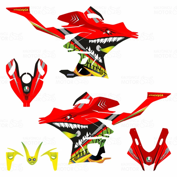 2019 Rossi Shark Design Kırmızı Sticker Set - Resim 2