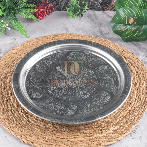 430 Kalite Krom Çelik Kulplu Tepsi 24 cm – Fırına Uygun, Osmanlı Motifli, Kebap & Restoran Sunum Tepsisi ürün görseli 1