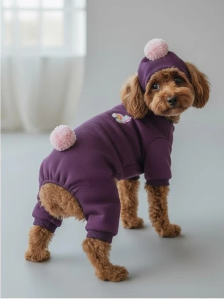 Purple PonPon Pony Köpek Tulumu & Bere Takımı | Şardonlu Polar Kumaş | Küçük Irk Köpekler İçin | Tüy Dökülmesini Azaltır ürün görseli 1
