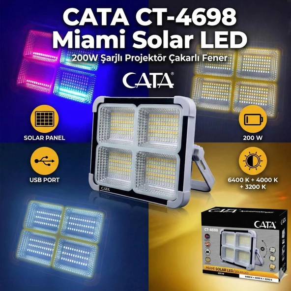 Cata CT-4698 Miami Solar Led 200W Şarjlı Projektör Çakarlı Fener Gri ürün görseli 1